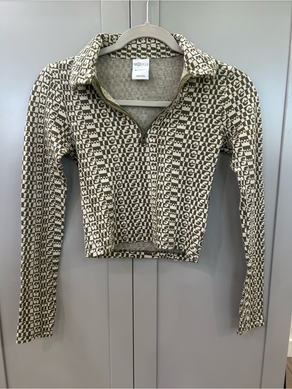 iets frans... Olive Checkerboard Long Sleeve Quarter Zip Polo Top XS